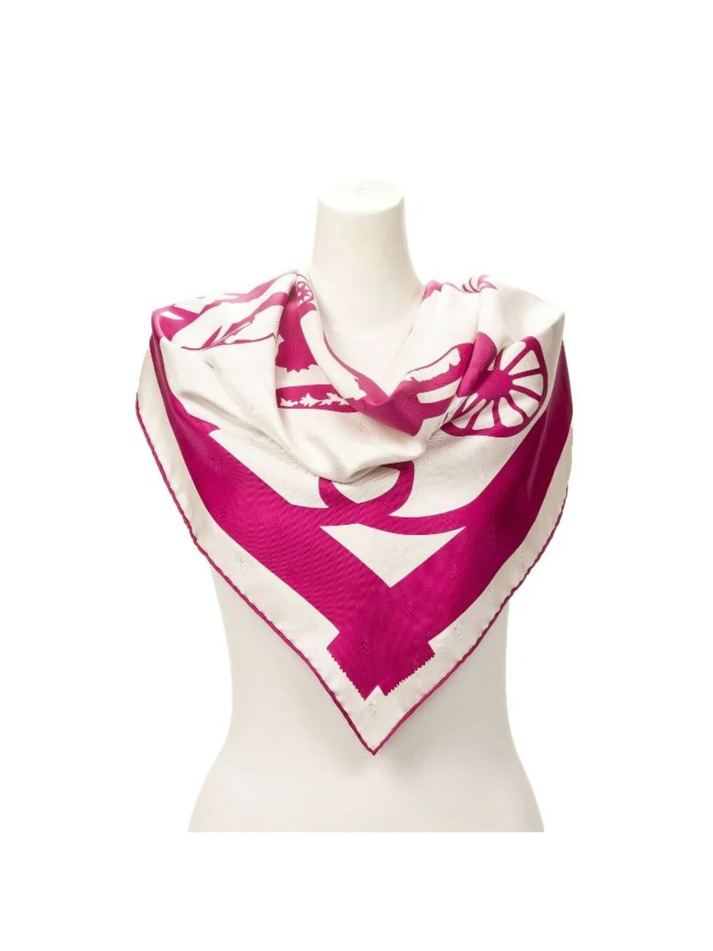 Hermes Scarf Fuchsia White 100% Jacquard Silk